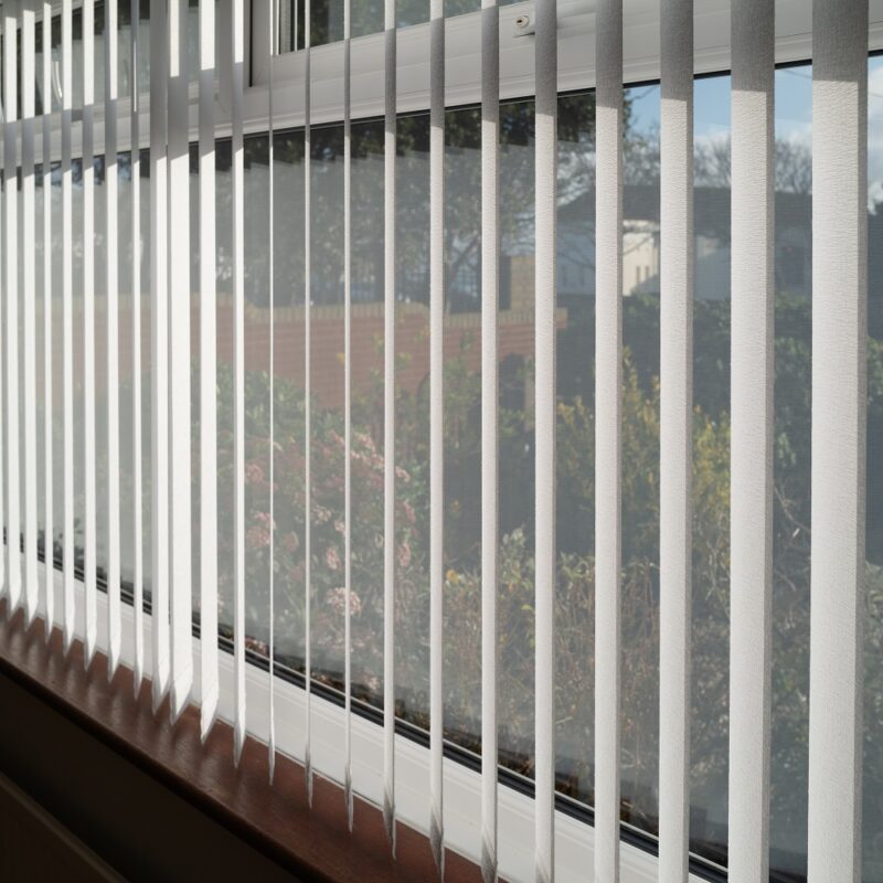 White vertical blinds slats hanging in front of double glazed white frame window. The slats have no cords at the bottom. The focus is shallow.